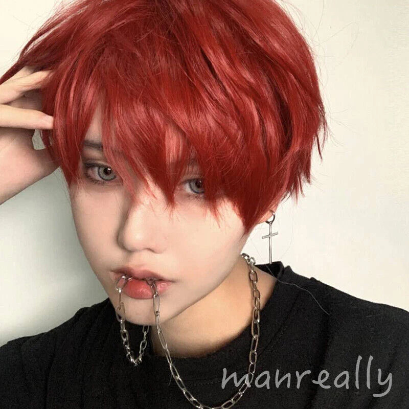 Daily Fluffy Men Short Hair Cosplay Kawaii Boys Full Wig Red Hairpiece Gift 07FC0E-D4 - KOEEK