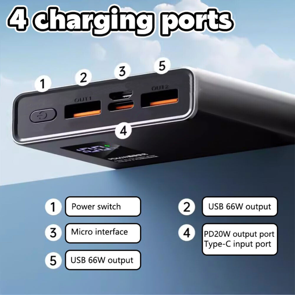 ny 66W bærbar 2USB 300000mAh Power Bank Superhurtiglader PD20W eksternt batteri