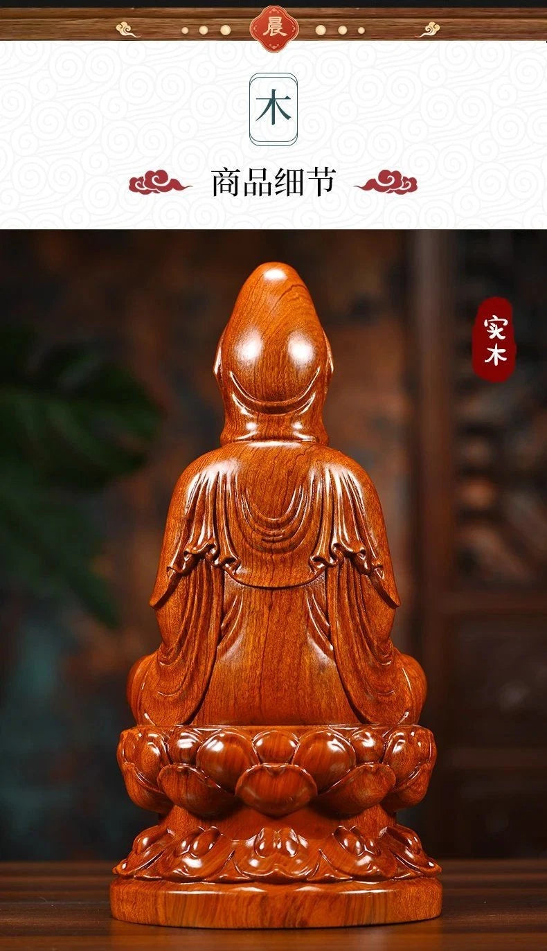 14cm Rosewood Carved Guanyin Buddha Statue Lotus Seat Home Decor Craft 07FC0E-D4 - KOEEK