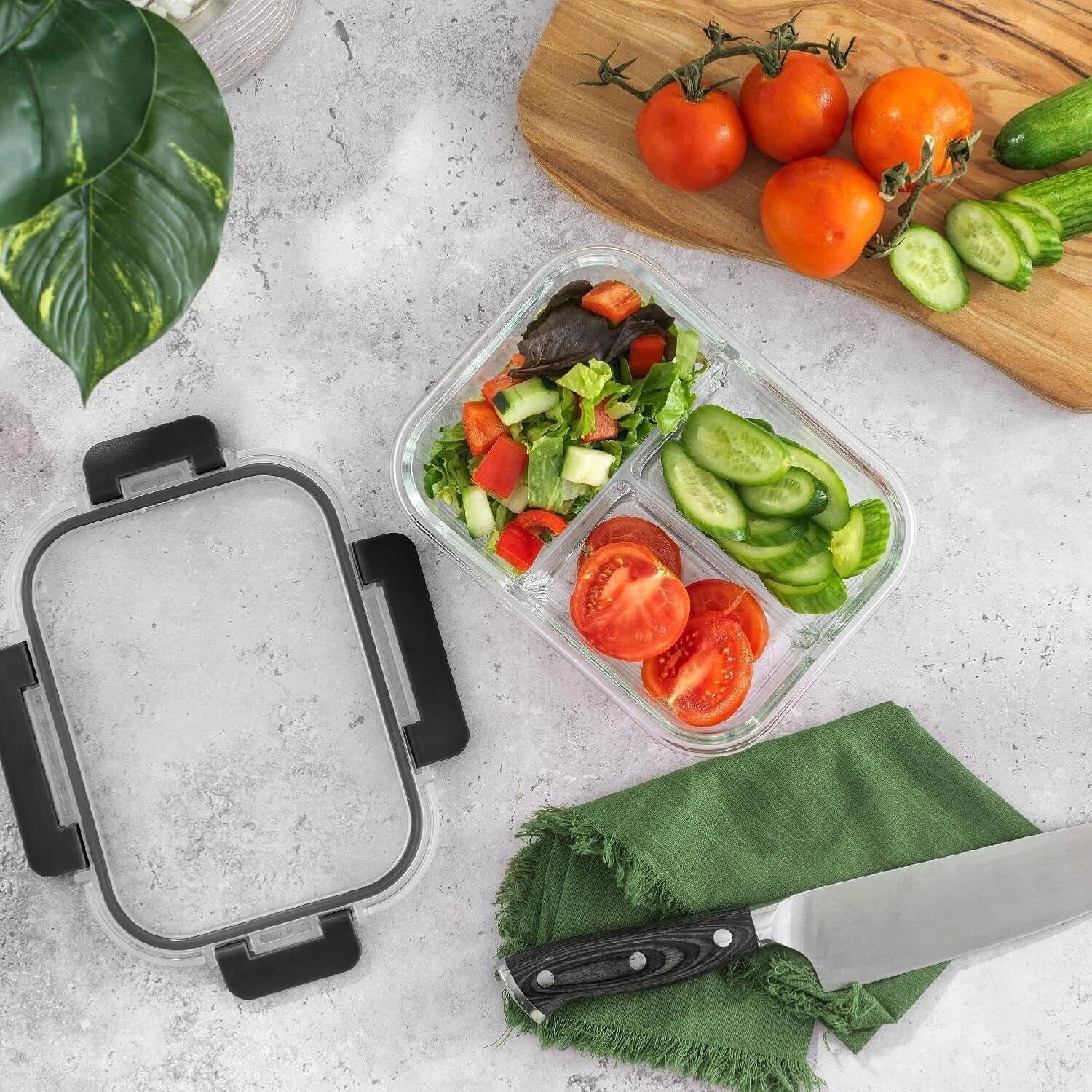 Divided 3 Compartment Glass Lunch Box Set 07FC0E-D4 - KOEEK