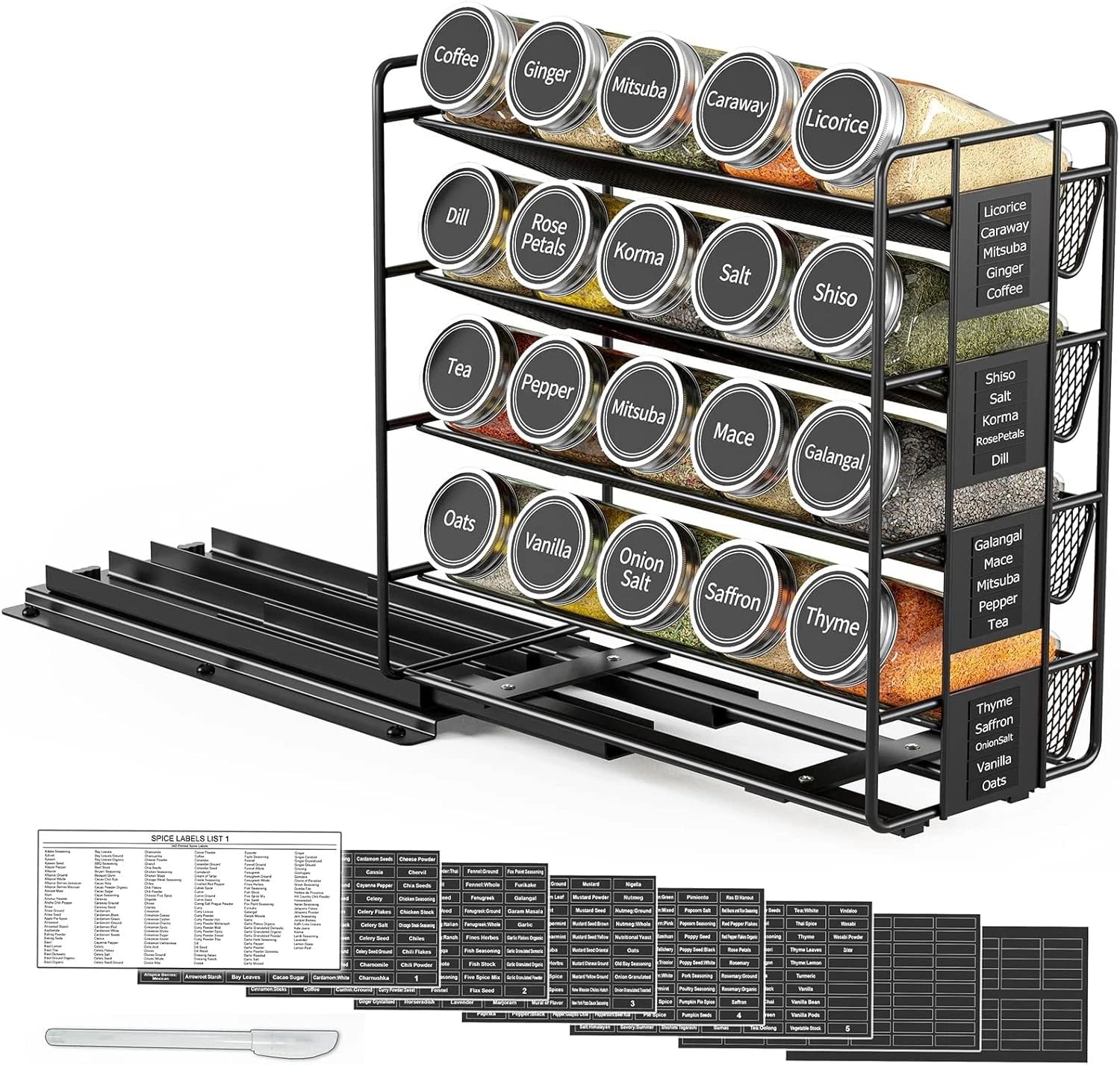 Pull Out Spice Rack Organizer with 20 Jars, Duty Slide Out Seasoning Organizer 07FC0E-D4 - KOEEK