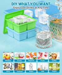 new 2 Pack Silicone Ice Cube Tray with Lid -Large 4.5*4.5*2.1in, Green，Blue 07FC0E-D4 - KOEEK