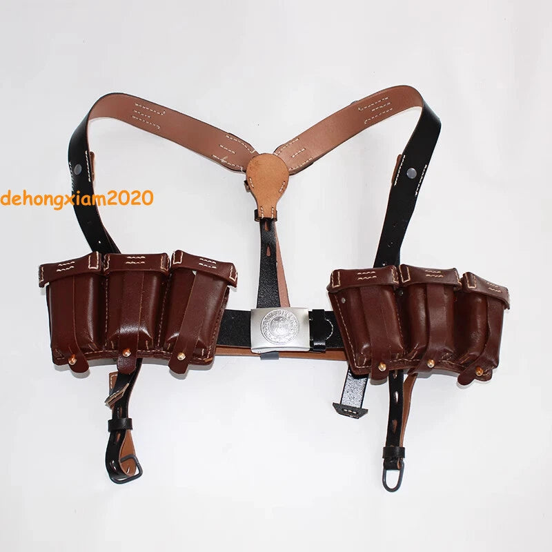 WW2 German Army Cowhide Belts Y-shape Double Straps Ammo Pouch Reproduction 98K 07FC0E-D4 - KOEEK