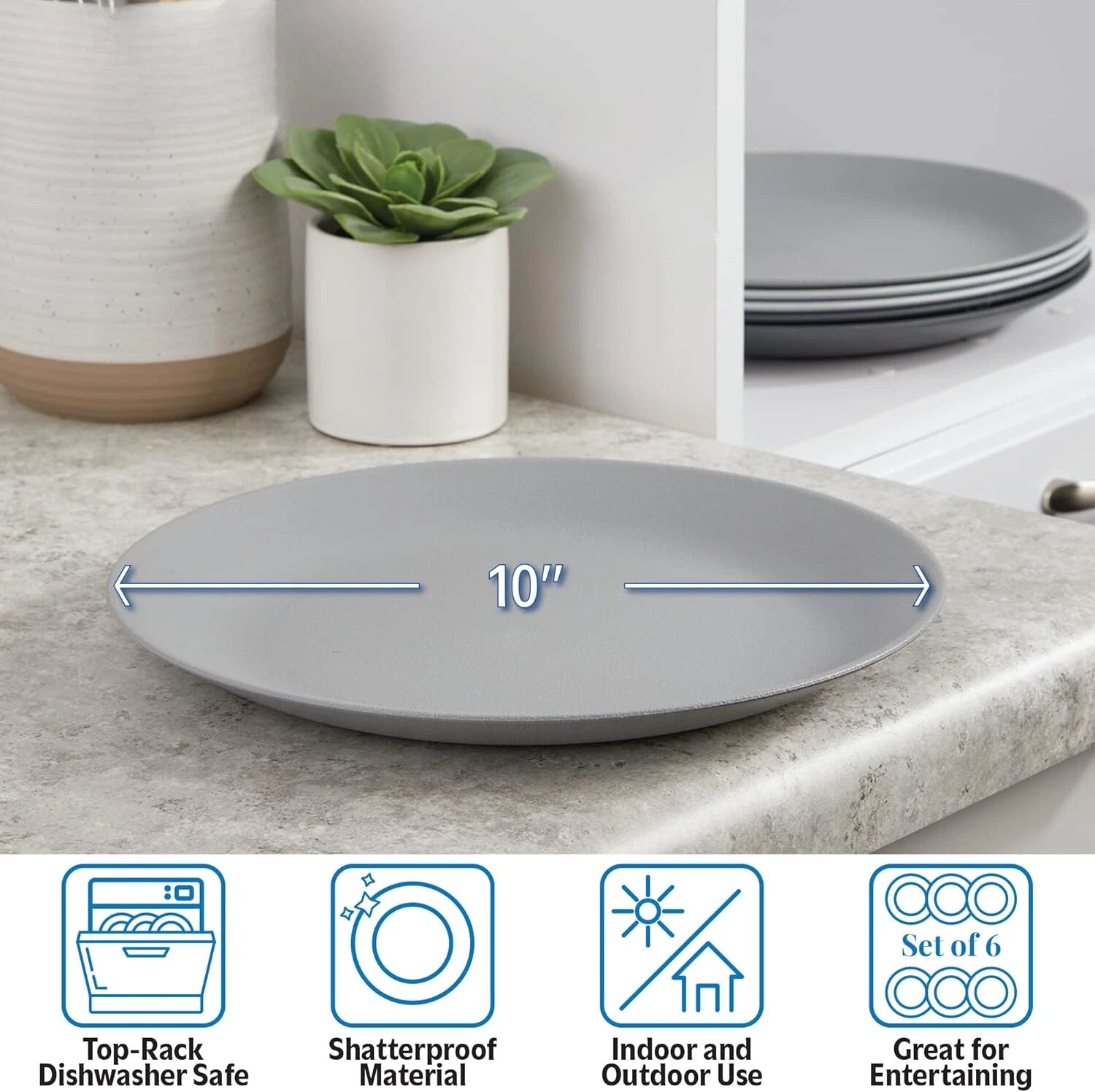 Ultra-Durable Plastic 10 inch Dinner Plates in Grey Stone | Set of 6 Reusable 07FC0E-D4 - KOEEK