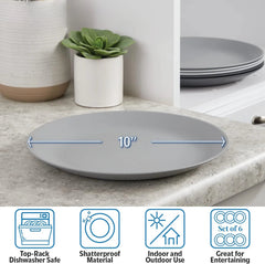 Ultra-Durable Plastic 10 inch Dinner Plates in Grey Stone | Set of 6 Reusable 07FC0E-D4 - KOEEK