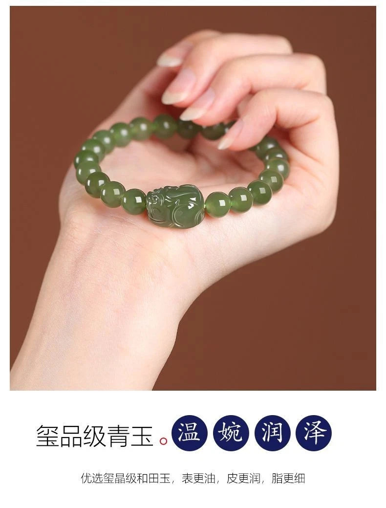 12MM Natural Hetian Jade Pixiu Bracelet Green Jade Beaded Wealth Luck Unisex 07FC0E-D4 - KOEEK