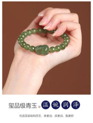 12MM Natural Hetian Jade Pixiu Bracelet Green Jade Beaded Wealth Luck Unisex 07FC0E-D4 - KOEEK