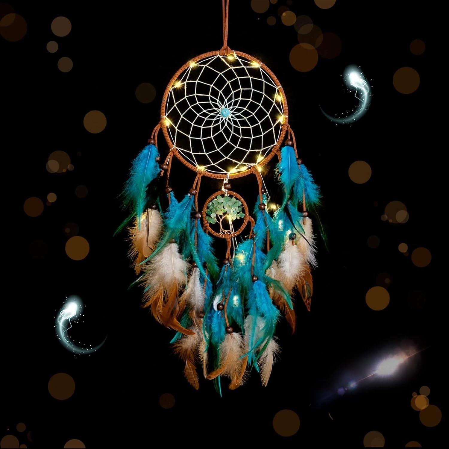 new Dream Catcher Blue Tree of Life with Feathers, Mobile LED Fairy Lights 07FC0E-D4 - KOEEK