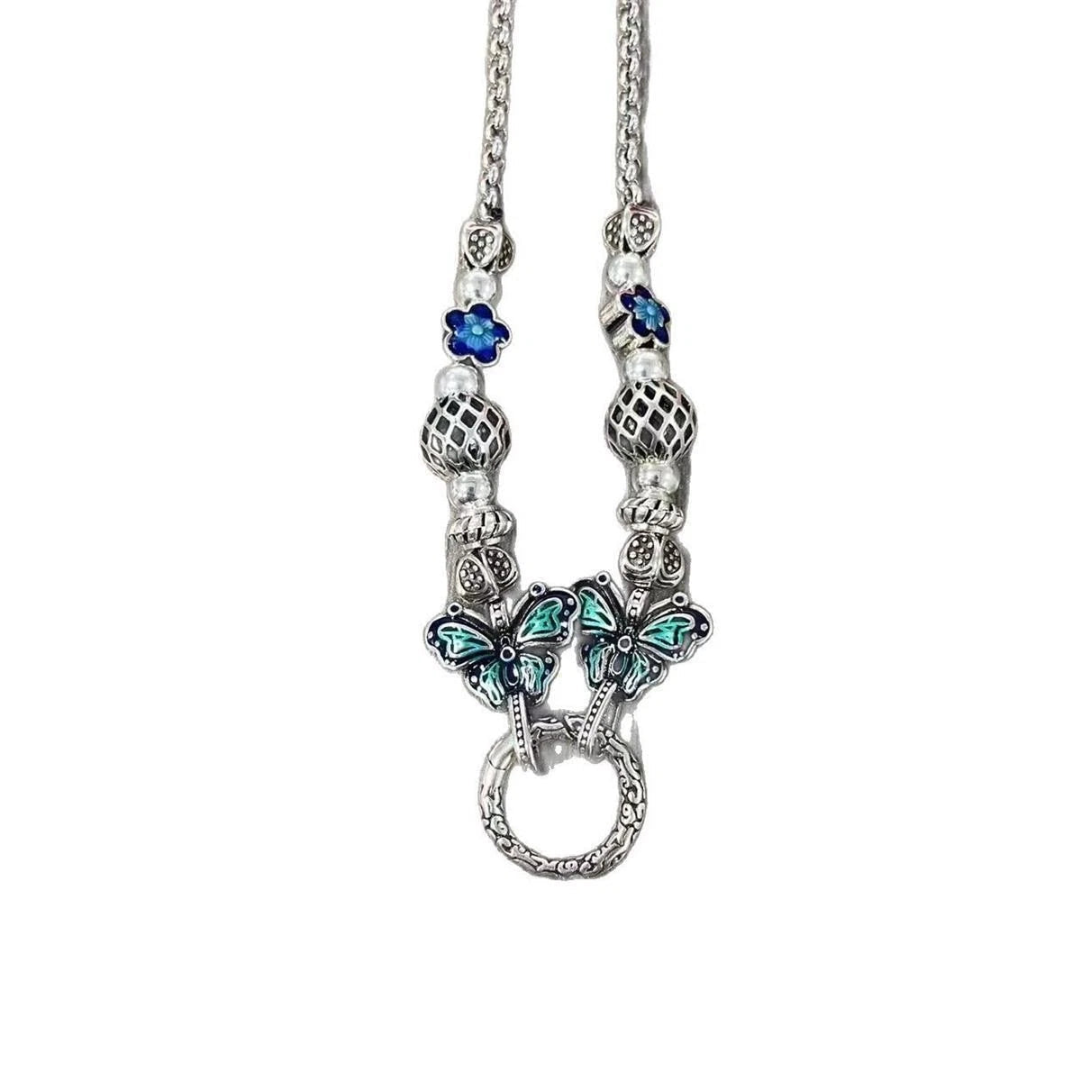 Retro Flower Butterfly Pearl Chain Necklace Pendant Compatible Women 07FC0E-D4 - KOEEK