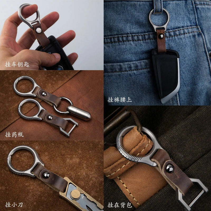 EDC Titanium Alloy + Leather Keychain Portable Removable Key Ring Pendant Tool EDC - KOEEK