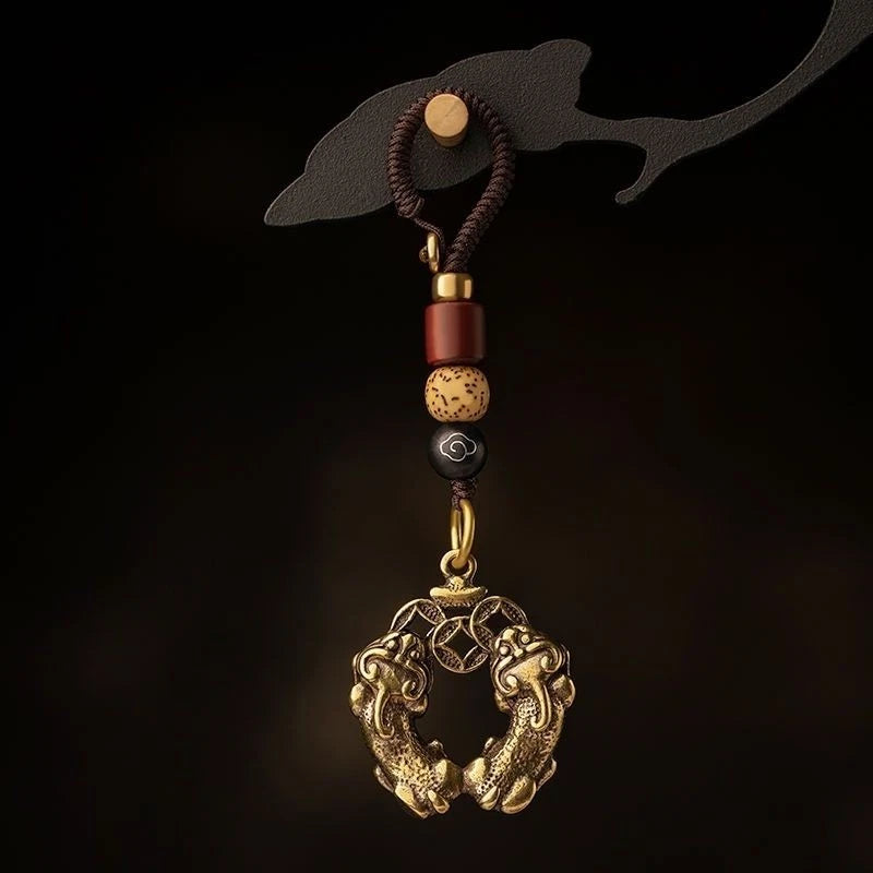 Double Bite Pi Xiu Brass Mobile Pendant U Disk Keychain Retro Unisex Handmade 07FC0E-D4 - KOEEK