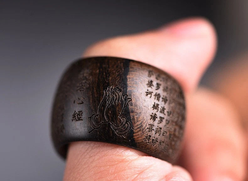 Agarwood Heart Sutra Thumb Ring Carved Wood Band Handmade Unisex Gift 07FC0E-D4 - KOEEK
