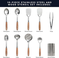 10 Pcs Stainless Steel Kitchen Utensils Set-Wood Handle Nonstick Stainless Steel 07FC0E-D4 - KOEEK