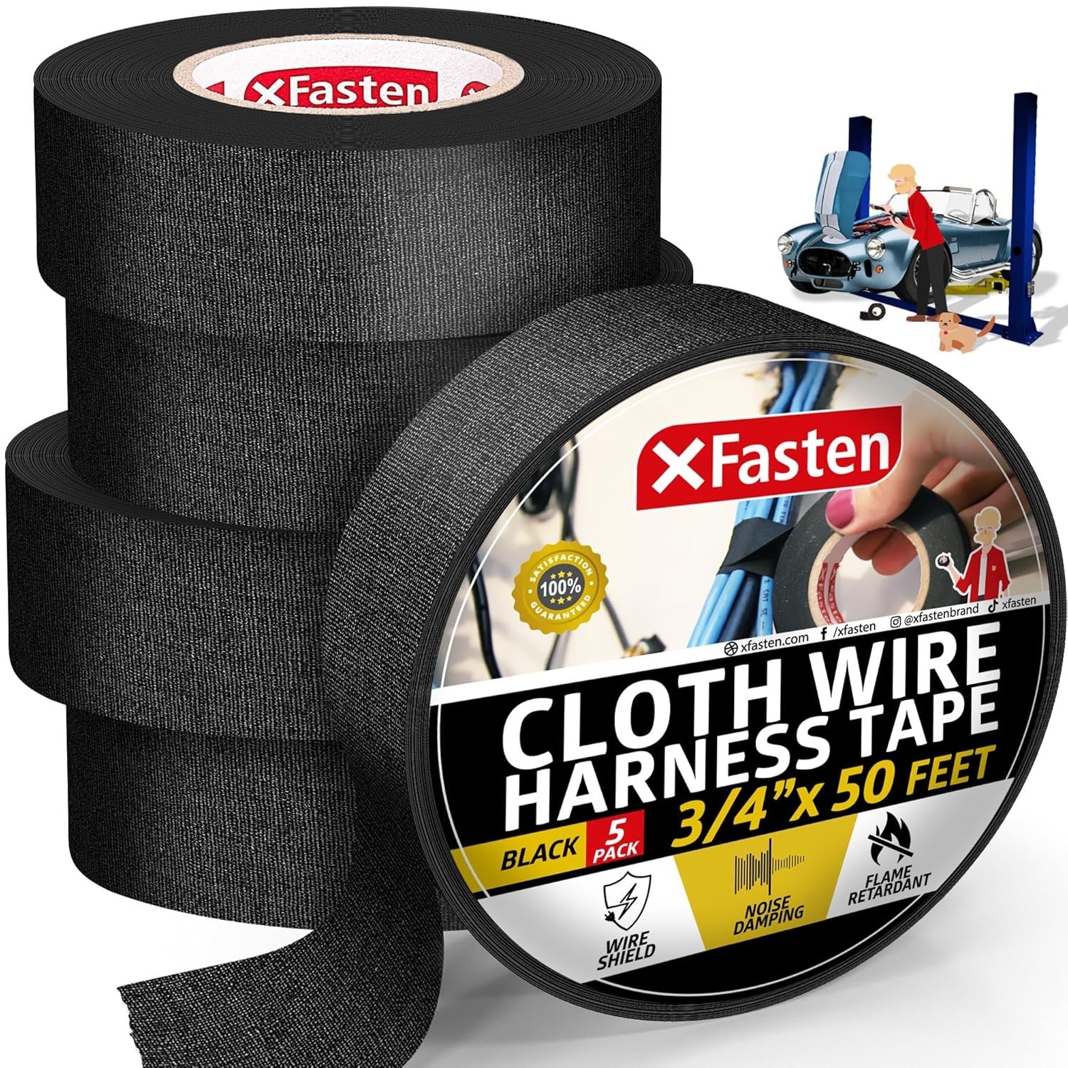 new XFasten Wire Harness Tape, 3/4-Inch x 50-Foot (5-Pack), High Temp Black