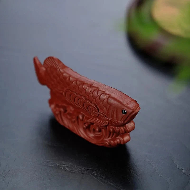 9.6cm Purple Clay Handcarved Dragon Fish Tea Pet Auspicious Fengshui Ornament 07FC0E-D4 - KOEEK