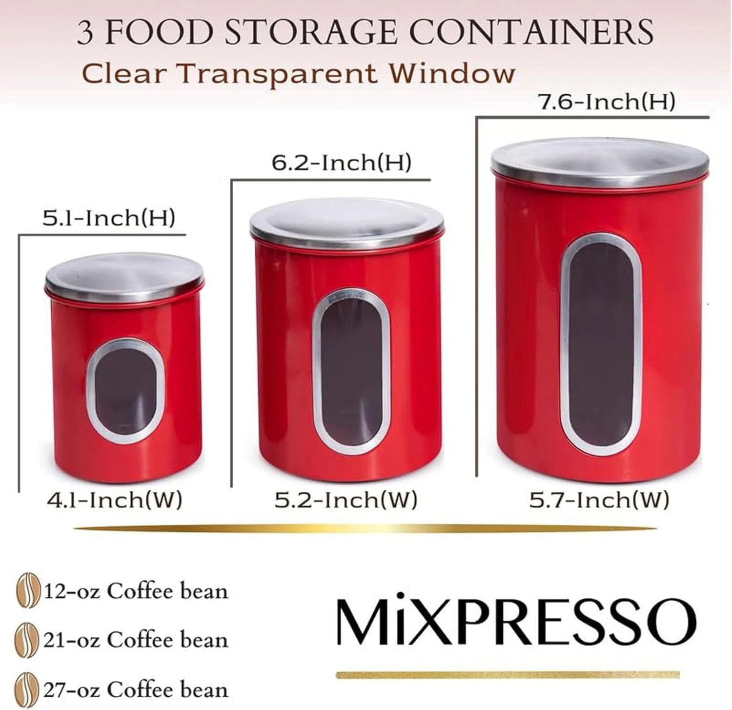 3 Piece Red Canisters Sets For The Kitchen, Kitchen Jars With See Through Window 07FC0E-D4 - KOEEK