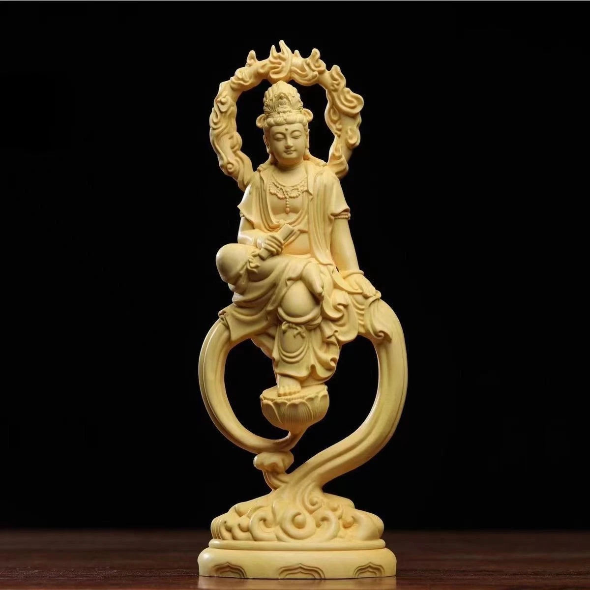 15cm Boxwood Carved Guanyin Statue Wooden Buddha Figurine Home Altar Decor 07FC0E-D4 - KOEEK