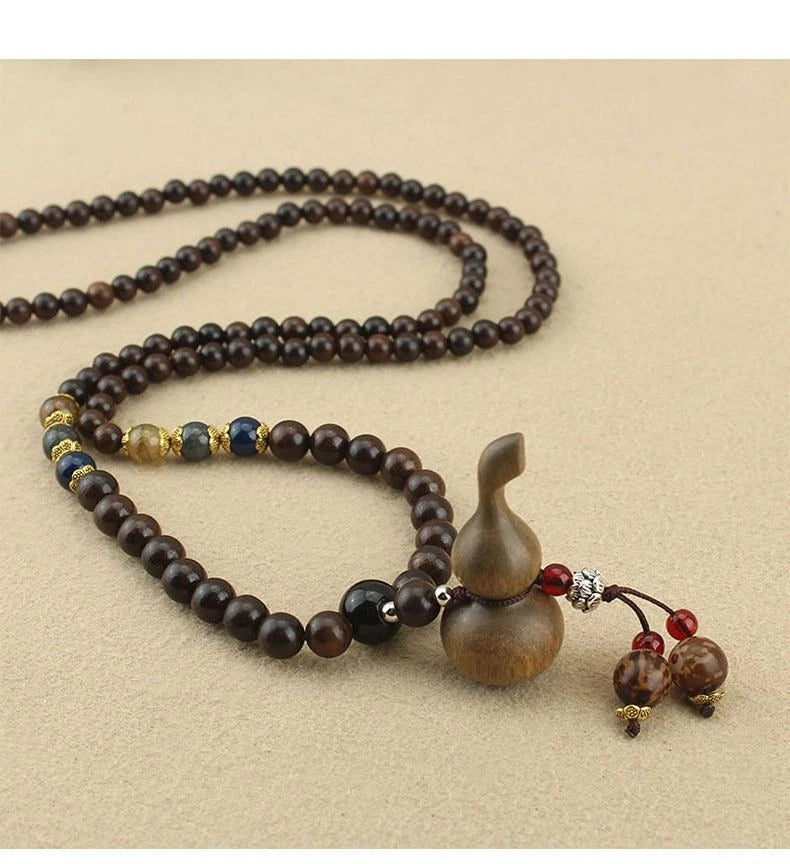 Green Sandalwood Gourd Pendant Necklace Unisex Wooden Bead Sweater Chain Vintage 07FC0E-D4 - KOEEK