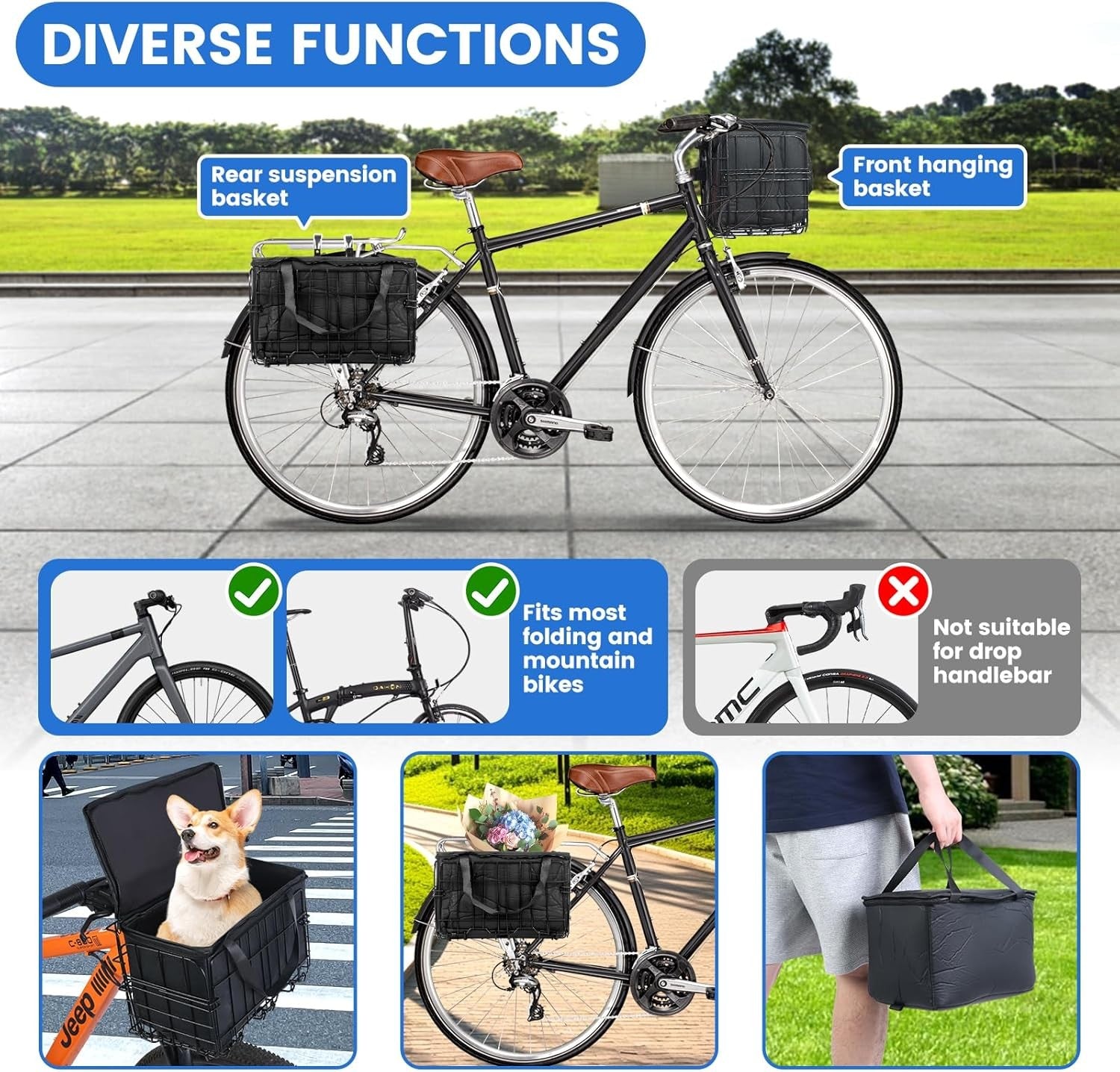 new Front Folding Bike Basket with Removable Liner Bag - Quick STANDARD, black 07FC0E-D4 - KOEEK