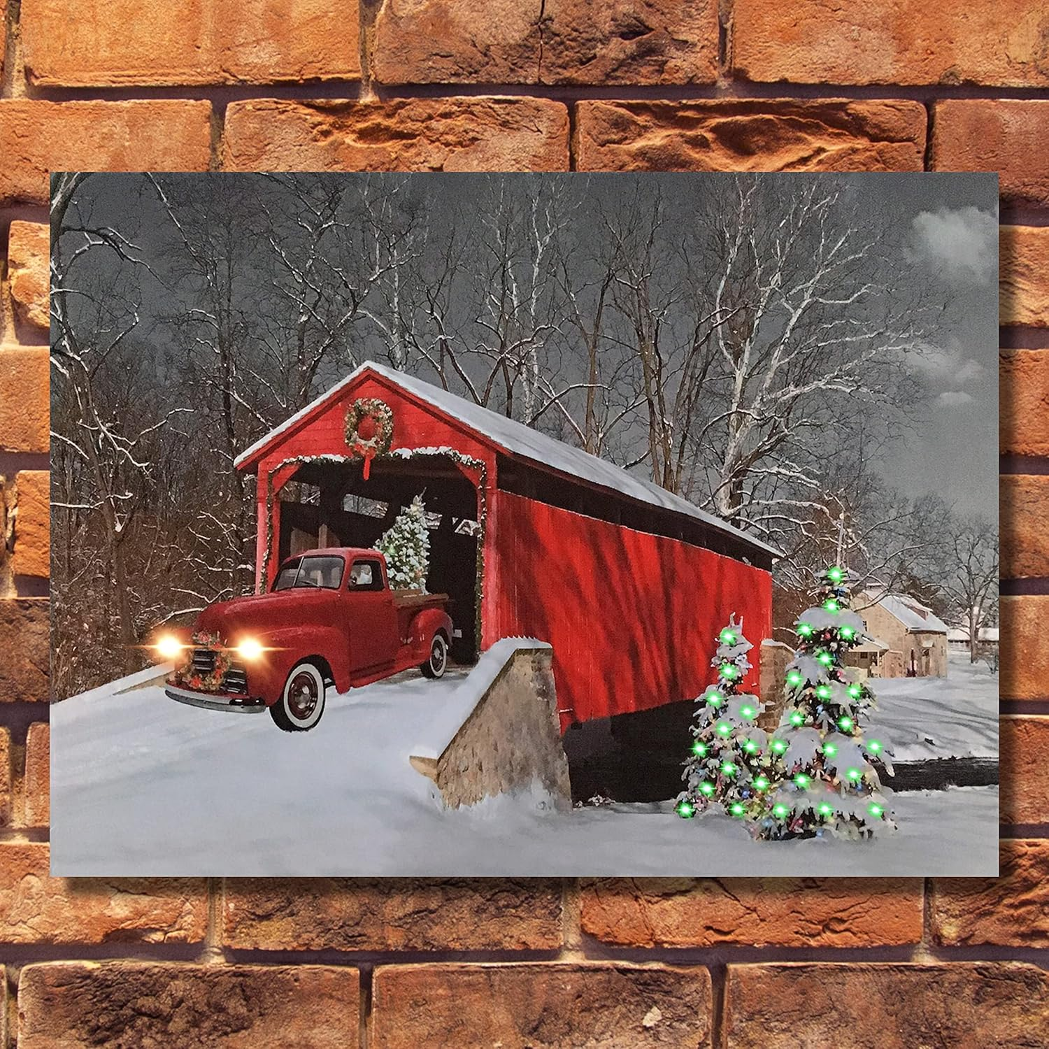 LED Wall Art - Lighted Red Truck Covered Bridge Canvas Print - Christmas Picture 07FC0E-D4 - KOEEK