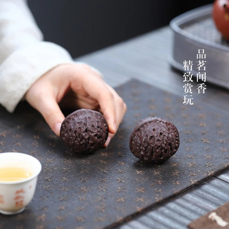 1Pair 4.4cm Yixing Purple Clay Handcarved Walnut Tea Pet Handball Luck Ornament 07FC0E-D4 - KOEEK