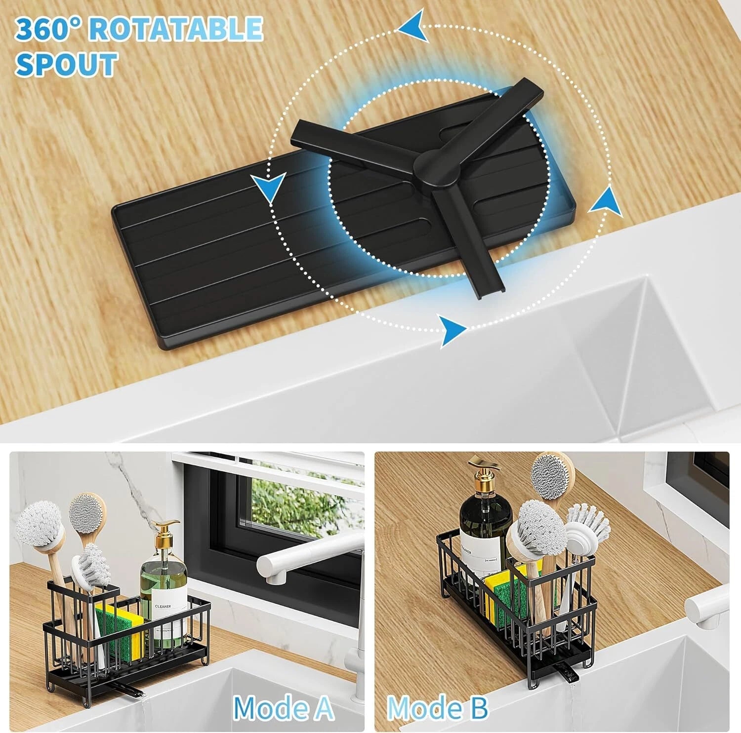 Black Sponge Holder for Kitchen Sink,Sink Caddy Organizer with High Brush Holder 07FC0E-D4 - KOEEK