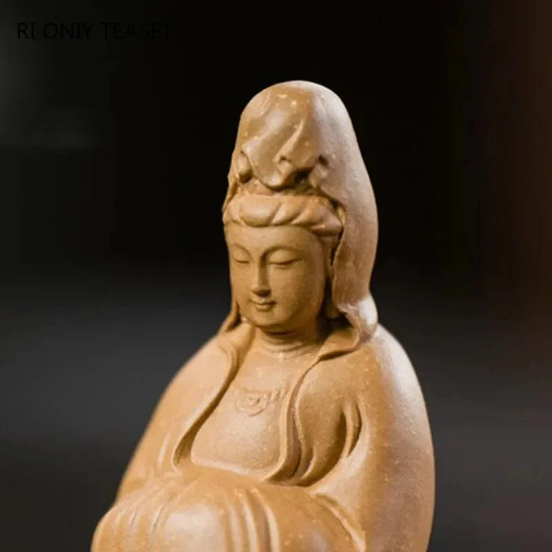 10cm Chinese Yixing Purple Clay Handmade Guanyin Buddha Statue Tea Pet Ornament 07FC0E-D4 - KOEEK