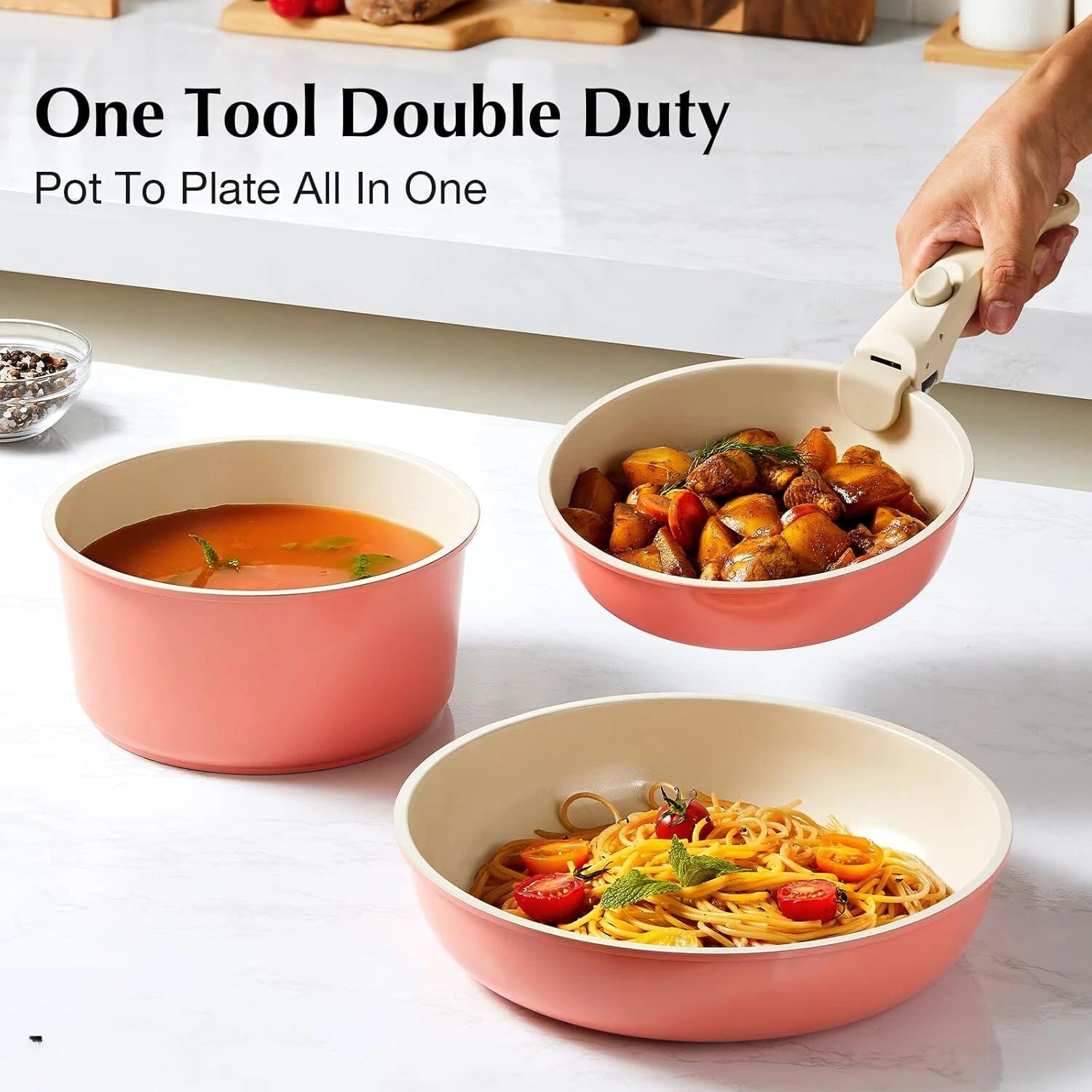 Ceramic Cookware Set, 8-Piece Detachable Handle Nonstick Cookware Set，Pink 07FC0E-D4 - KOEEK