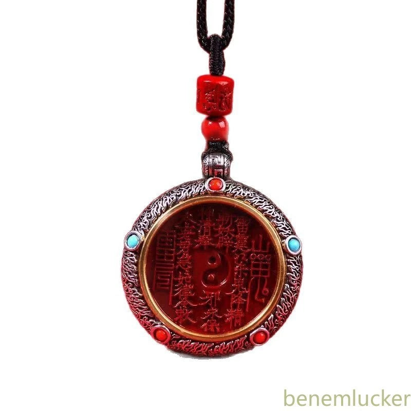 Natural Cinnabar Handcarved Tibetan Silver Bagua Pendant Amulet Necklace 07FC0E-D4 - KOEEK
