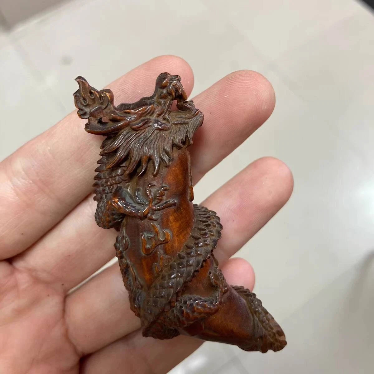 COOL Chinese Boxwood Hand Carved Dragon Figure Statue Netsuke Pendant Gift 07FC0E-D4 - KOEEK