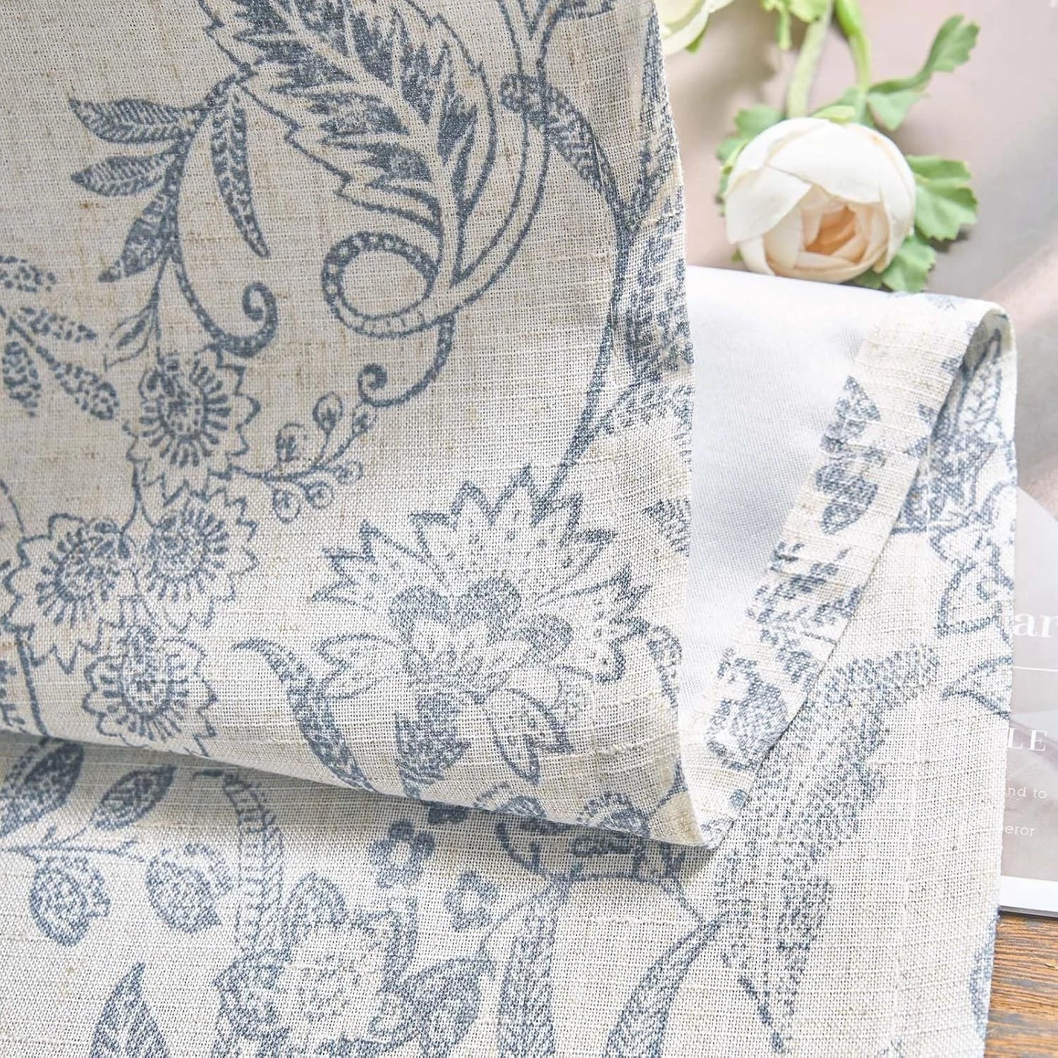 Blue floral lining curtains, rustic linen material, length 84 inches 07FC0E-D4 - KOEEK
