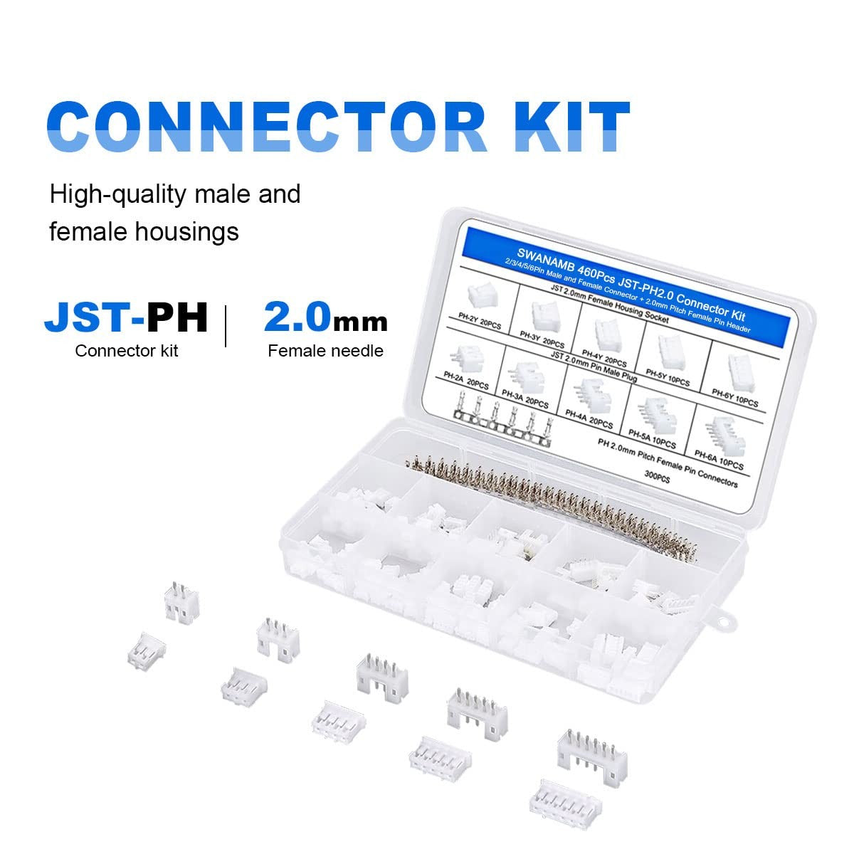 new 460PCS JST PH2.0 Connector kit 2/3/4/5/6Pin Plug Kit, White 07FC0E-D4 - KOEEK