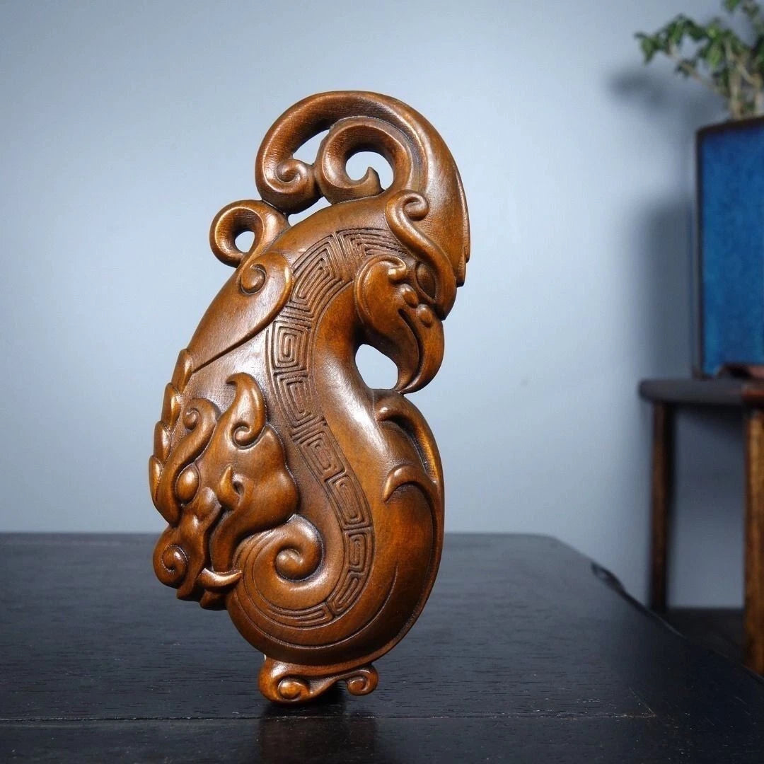 Boxwood Wood Carved Dragon Phoenix Pendant 9cm Handheld Piece Hanging Charm 07FC0E-D4 - KOEEK