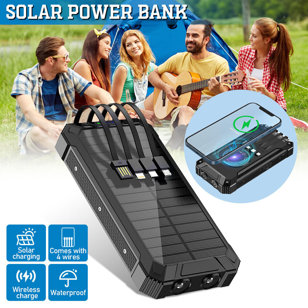 ny 36000mAh Solar Power Bank trådløs 15W lader innebygd 4 kabler Hurtiglading