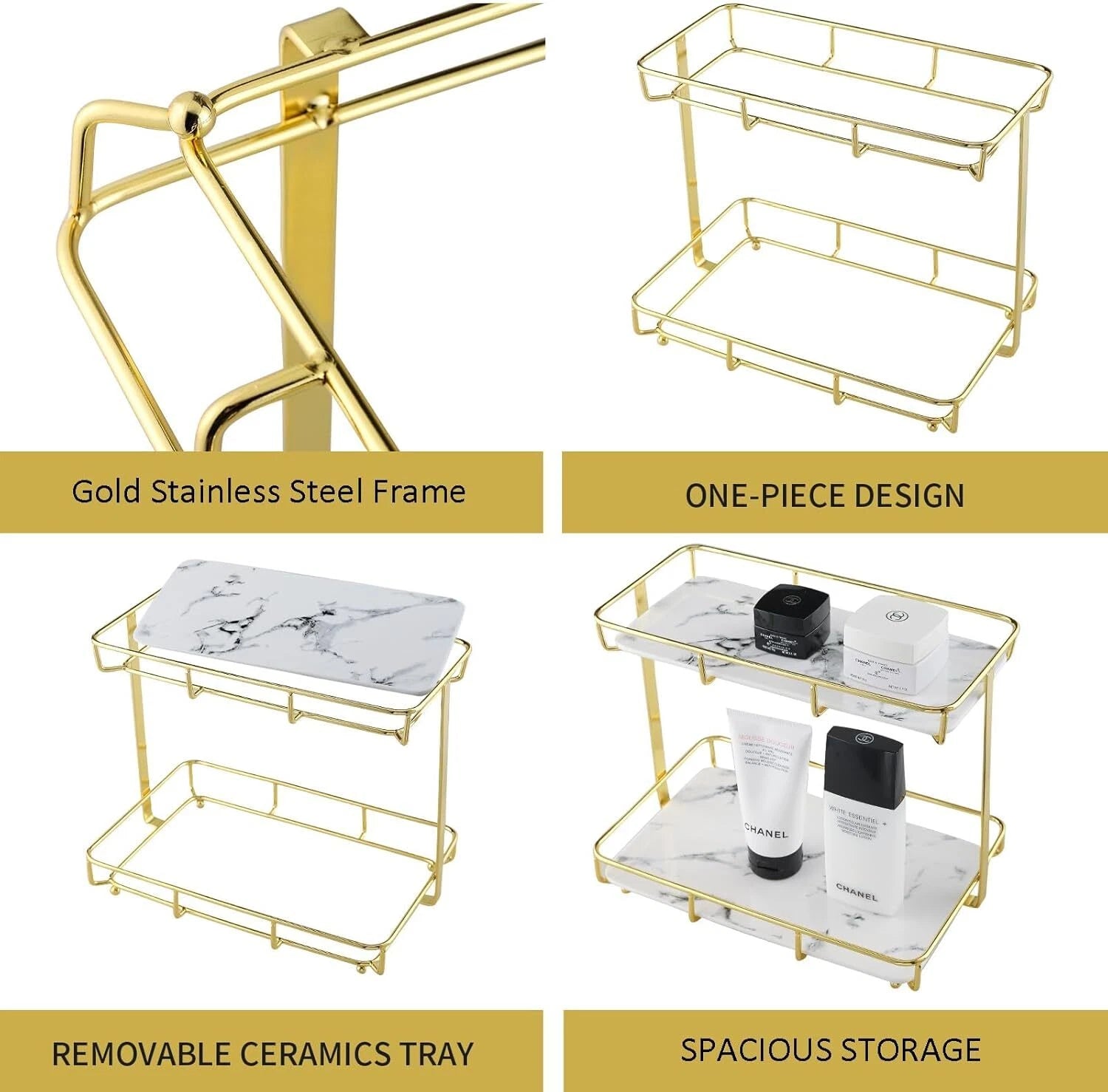 Bathroom Organizer Countertop Makeup Organizer Stainless Steel Gold Shelf 07FC0E-D4 - KOEEK