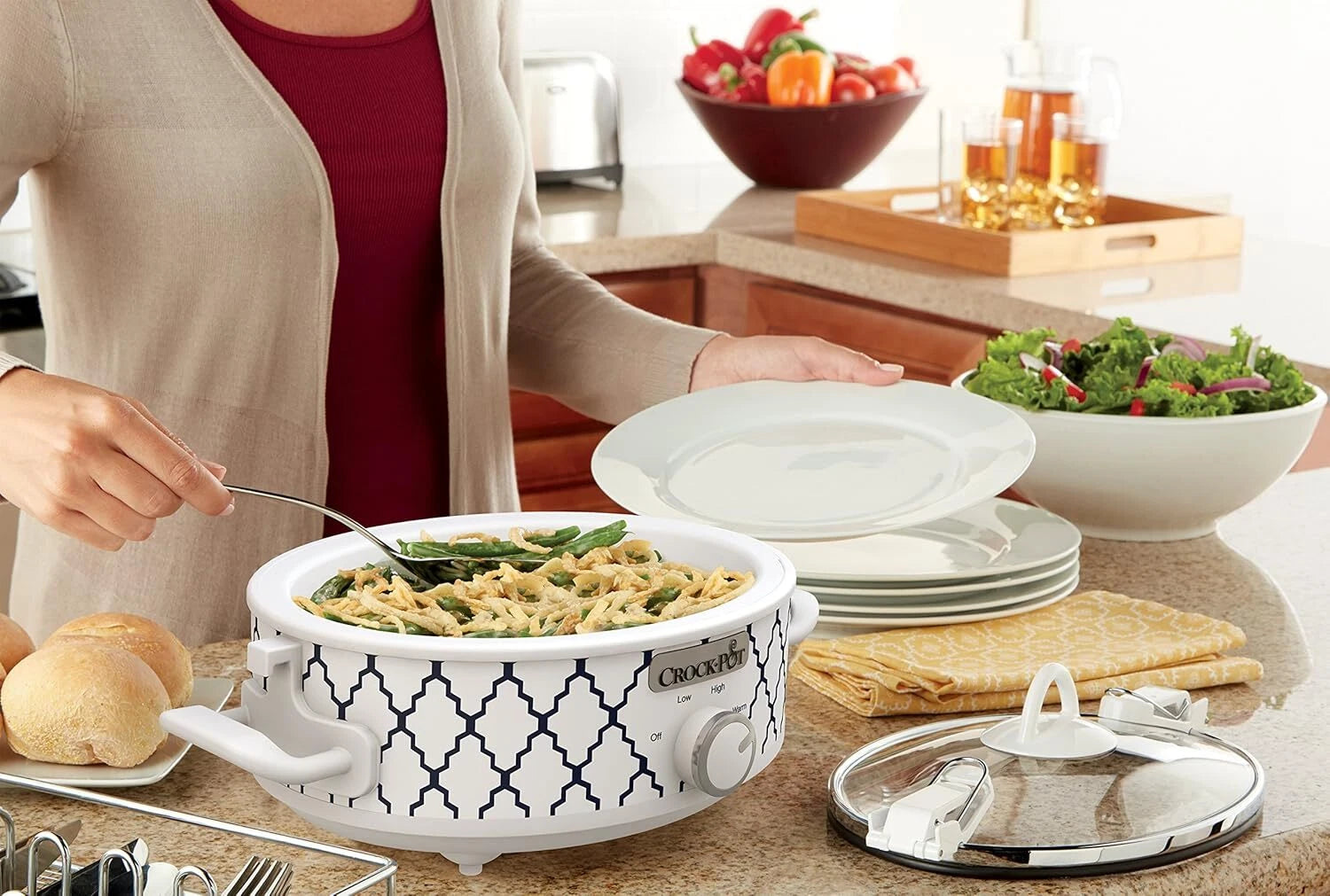 Compact 2.5-Quart Casserole Slow Cooker (White/Blue), Durable and Compact 07FC0E-D4 - KOEEK