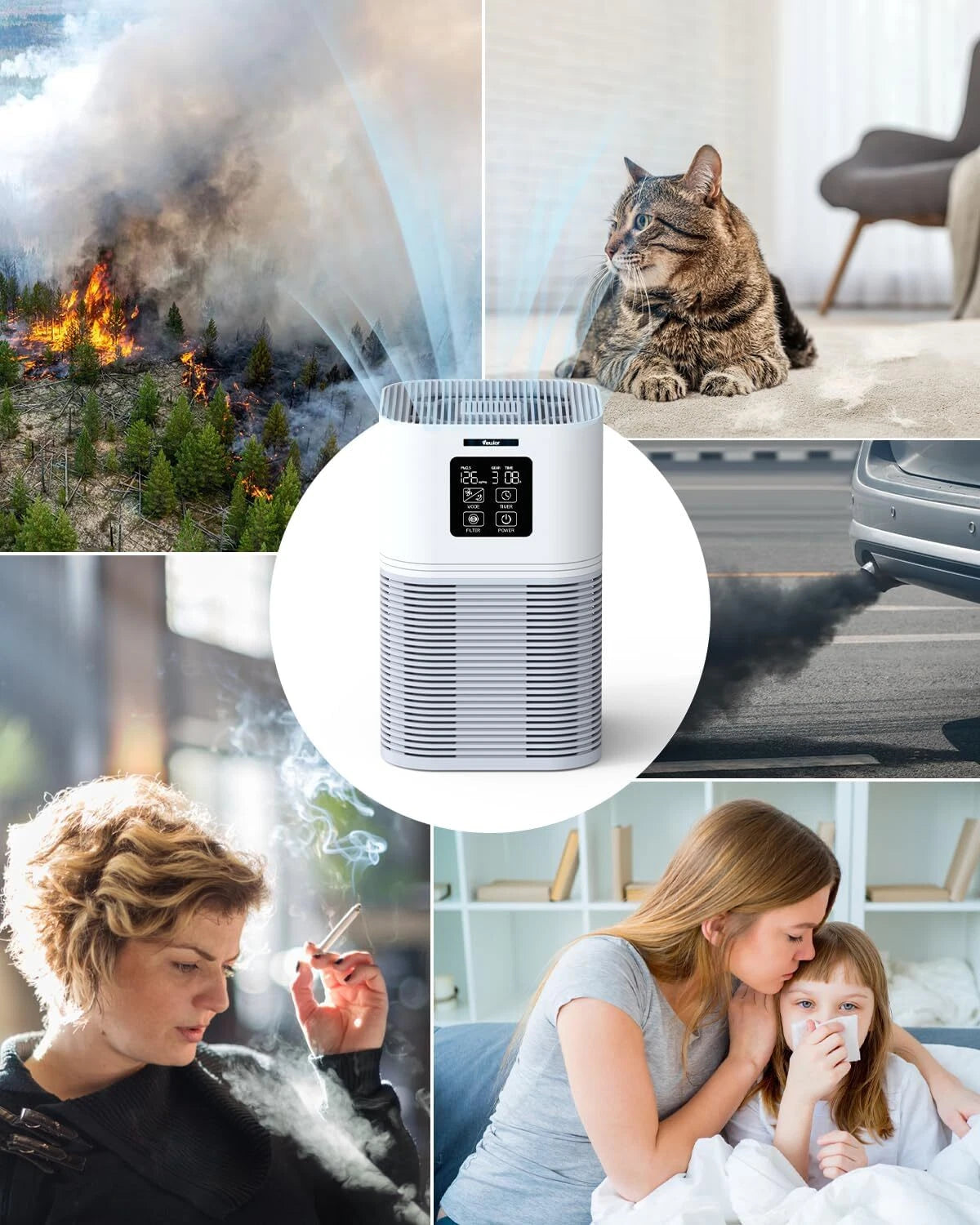Home air purifier with 6 timers forsilent cleaning of pet dander and wildfires. 07FC0E-D4 - KOEEK