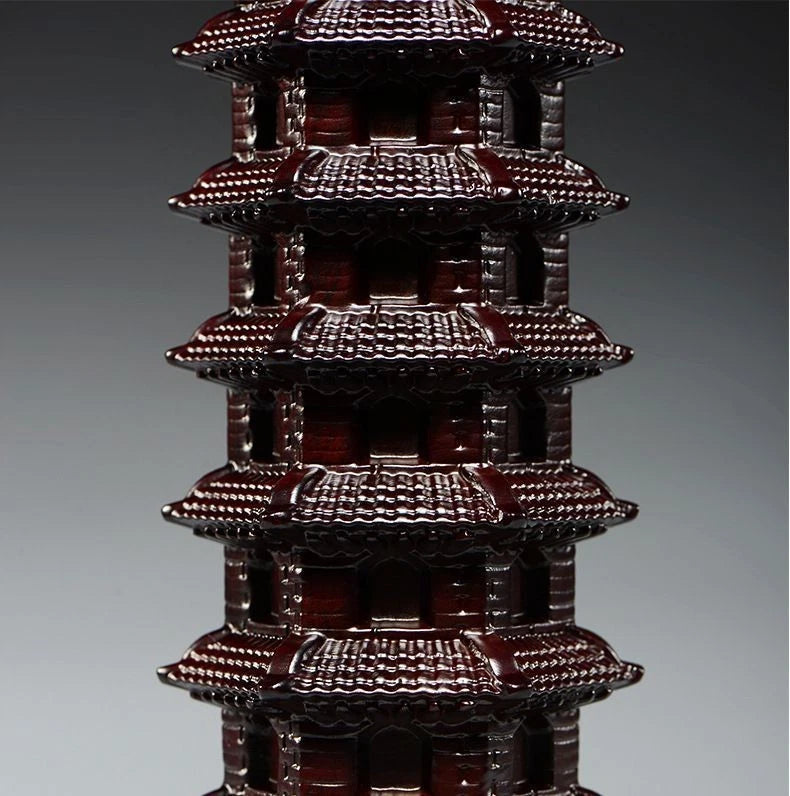 Ebony Wood Wenchang Pagoda 15cm Hand Carved Desk Home Office Decor Ornament 07FC0E-D4 - KOEEK