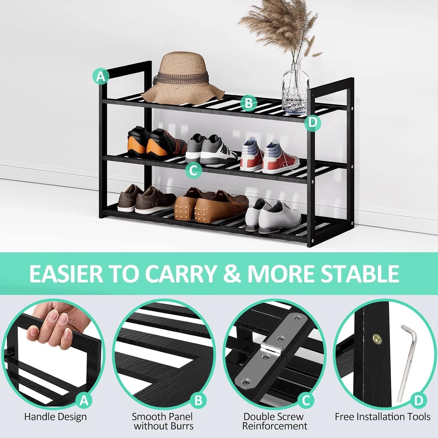 Bamboo shoe rack, stackable three-tier shoe rack, can store 9-12 pairs of shoes 07FC0E-D4 - KOEEK