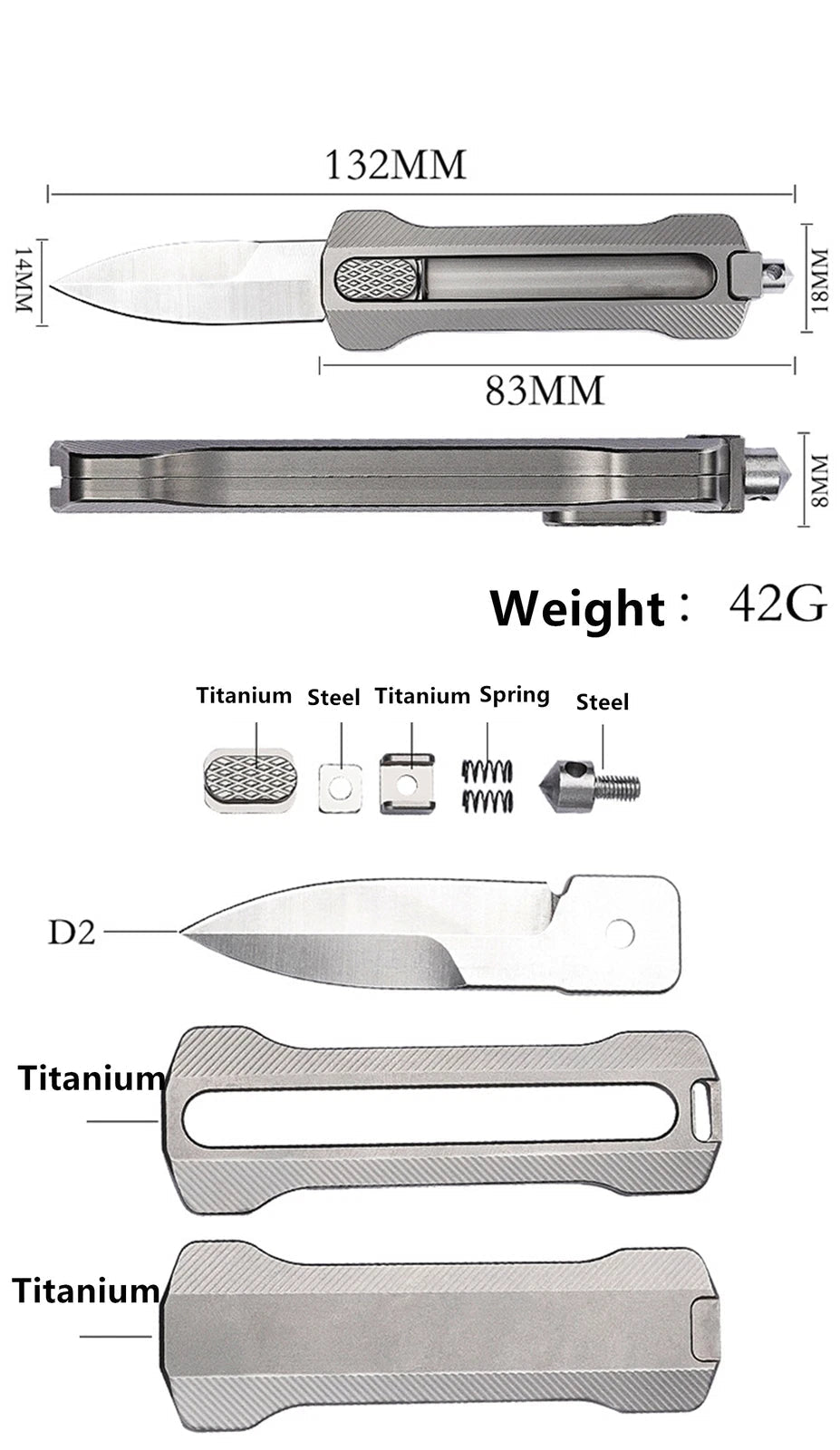 Titanium Slide Lock Manual Open EDC Knife w/ D2 Spear Point Blade&Glass Breaker 07FC0E-D4 - KOEEK