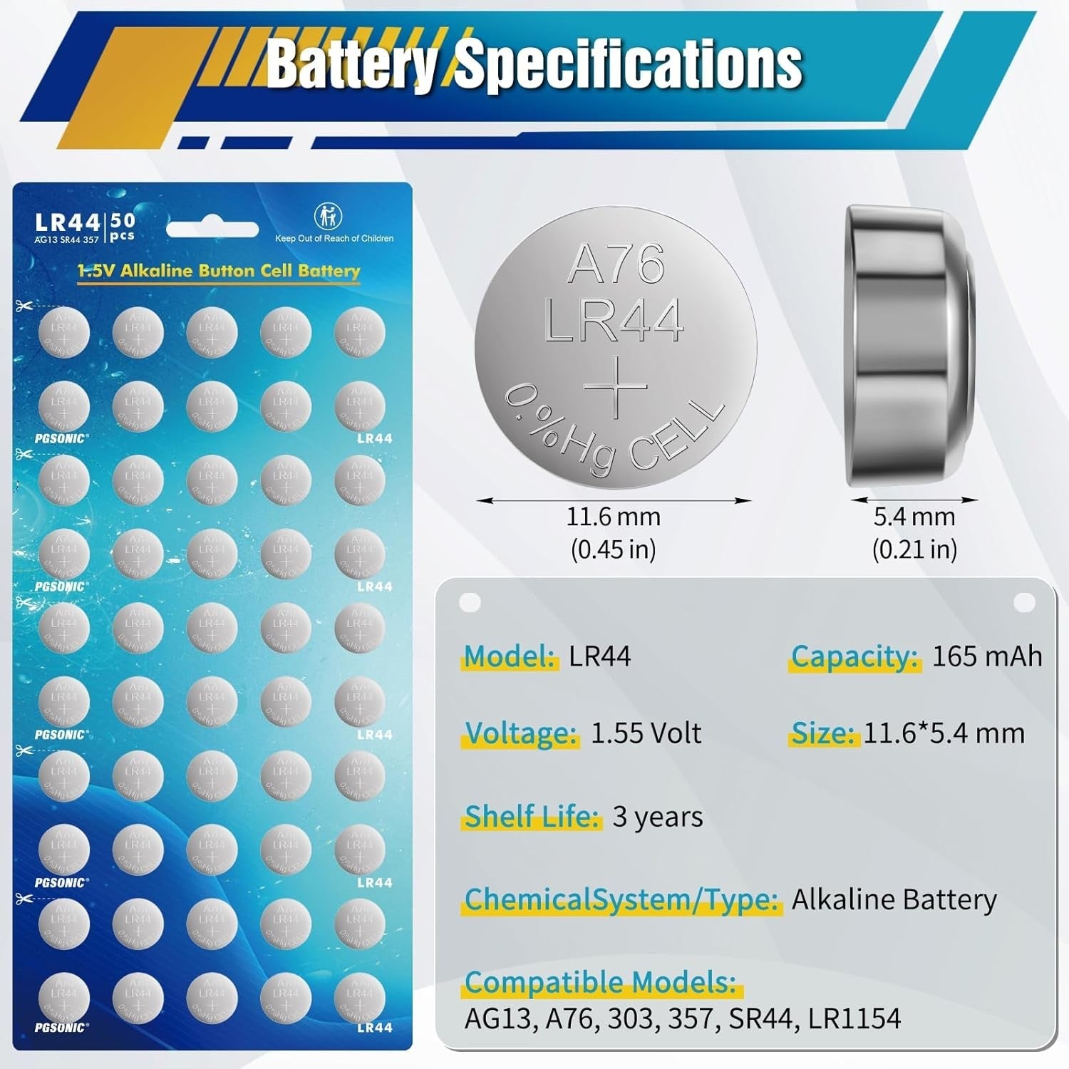 new PGSONIC 50 Pack LR44 Batteries, 1.5 Volt Alkaline Button Cell Batteries with... PGSONIC - KOEEK