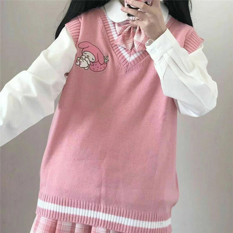 My Melody Cinnamoroll Kuromi Kawaii Cotton Sweater Knit Vest Girl's Uniform Tops 07FC0E-D4 - KOEEK