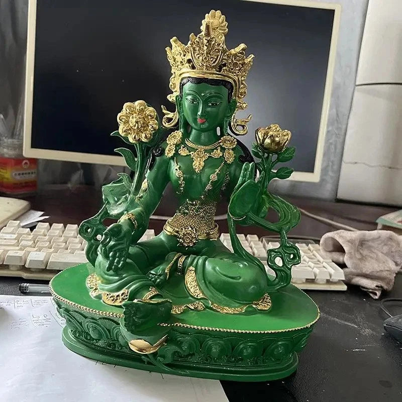 8" Buddhist Patriarch Resin Green Tara Bodhisattva Statue Amulet Decoration 07FC0E-D4 - KOEEK