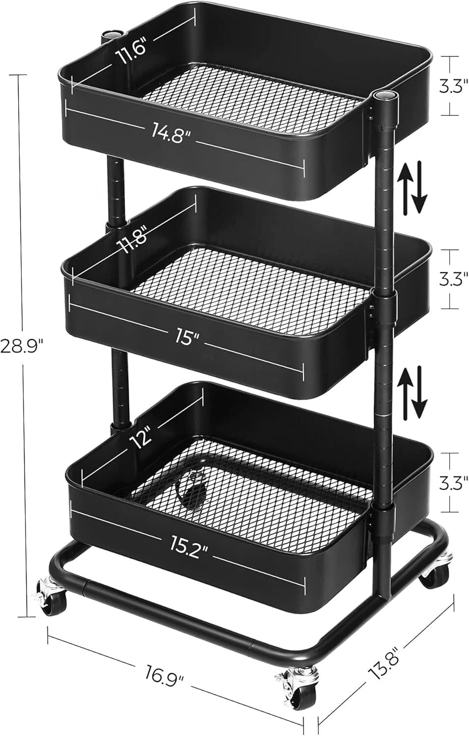 3-Tier Metal Rolling Cart, Utility Cart, Kitchen Cart with Adjustable Shelves 07FC0E-D4 - KOEEK