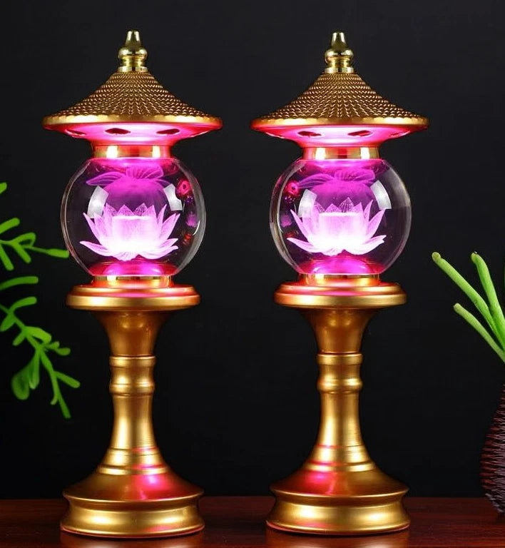 1pair 27cm Buddhist Temple Lotus Light LED Tricolor Crystal Buddha Offering Lamp 07FC0E-D4 - KOEEK