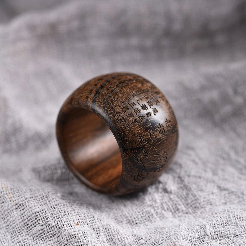 Agarwood Heart Sutra Thumb Ring Carved Wood Band Handmade Unisex Gift 07FC0E-D4 - KOEEK