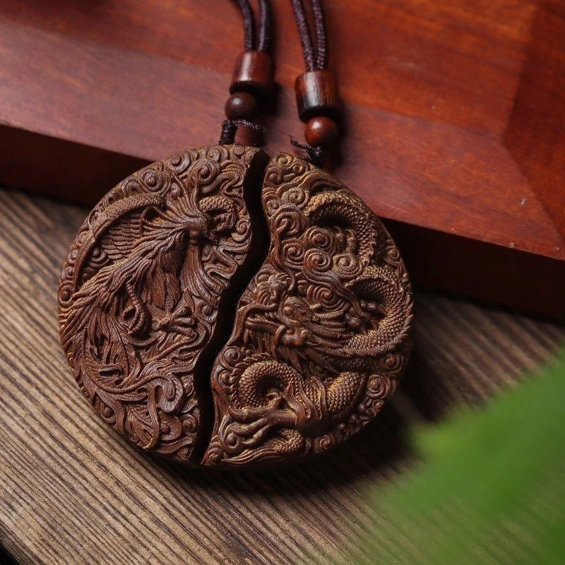 Agarwood Dragon Phoenix Couple Pendant Necklace Carved Charm Pair Unisex 07FC0E-D4 - KOEEK