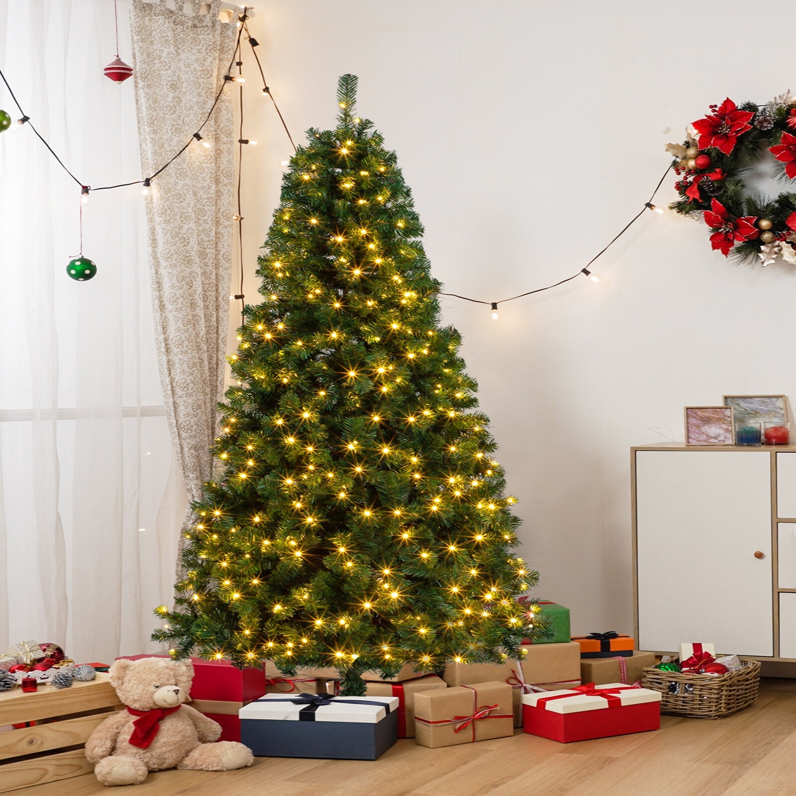 6FT Christmas Tree Artificial Tree Holiday Decor With LED Lights & Metal Stand 07FC0E-D4 - KOEEK