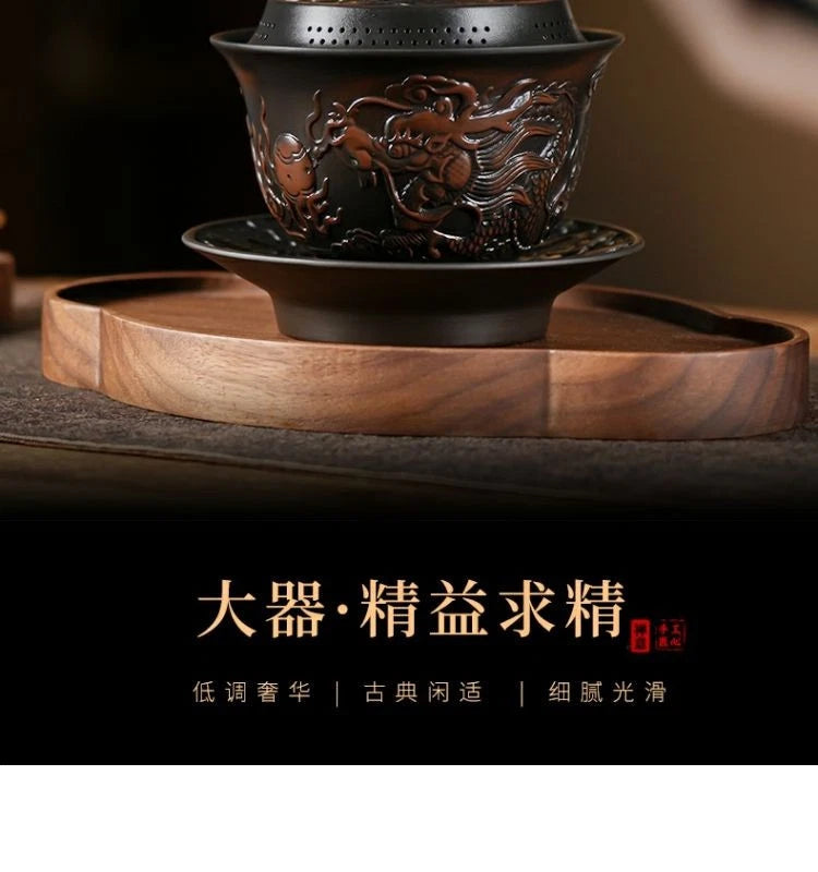 Handcrafted Vintage San Cai Dragon Lidded Tea Bowl Gongfu Tea Set Home 07FC0E-D4 - KOEEK