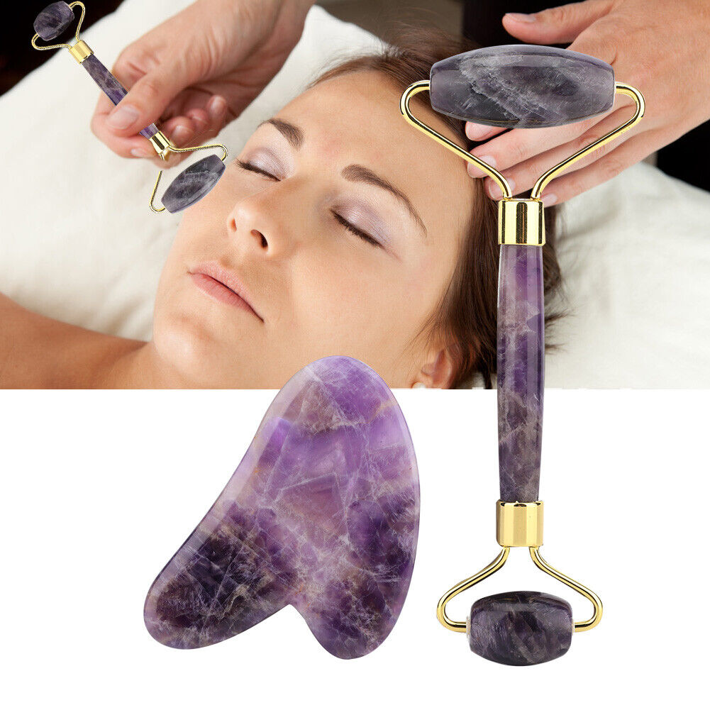 new Amethyst Double Head Jade Stone Roller & Guasha Scrapping Plate Massage Kit HGF koeek - KOEEK